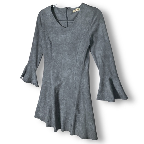 Anthropologie Aryeh Vegan Suede Dress Sz S Flutter Sleeve Y2K Gray Neutral Minim - Picture 7 of 14